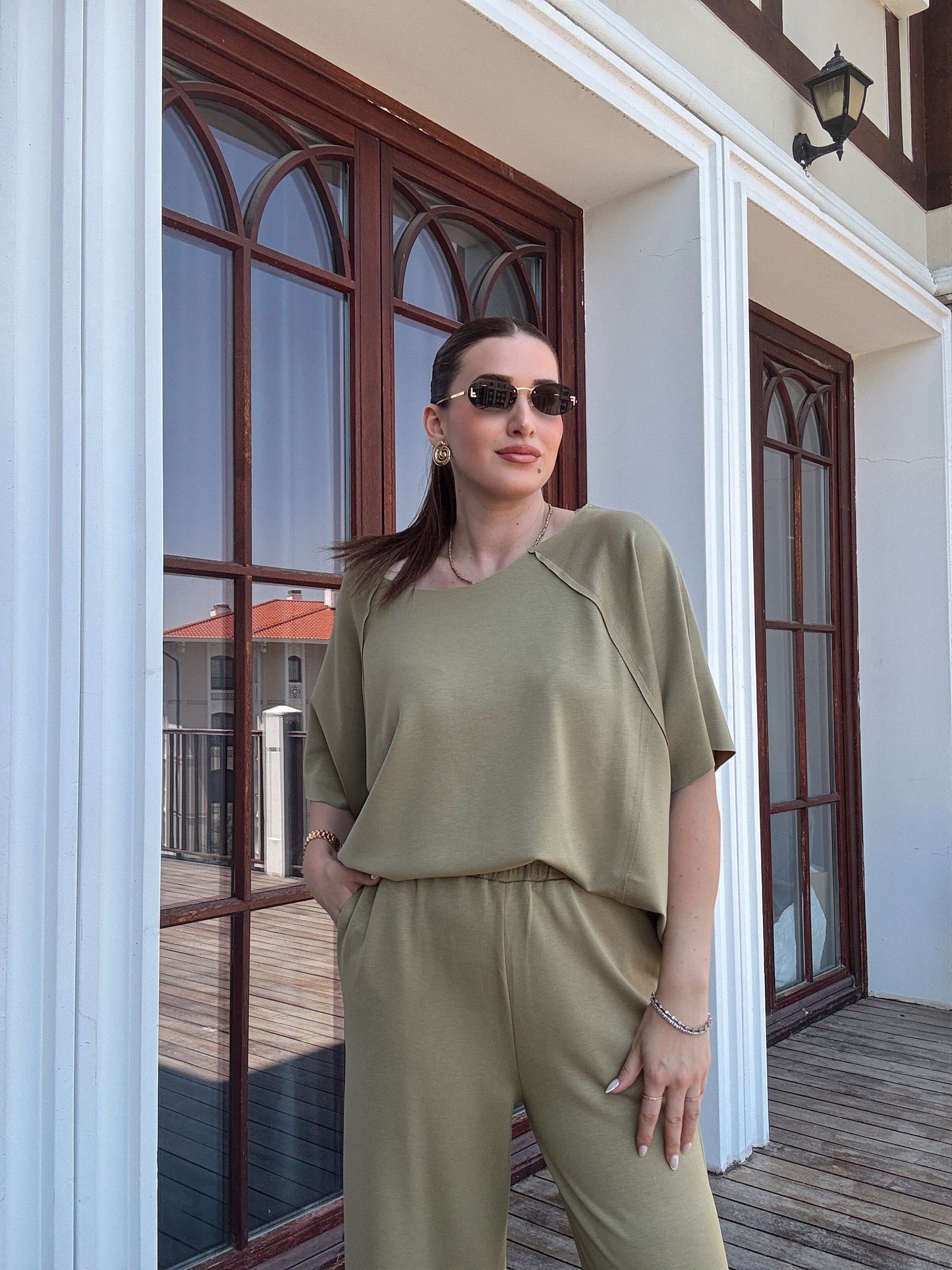 Kayık yaka lazer kesim modal takım HAKİ