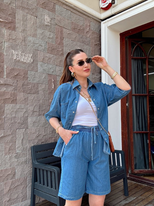 Şortlu oversize kot takım-KOYU MAVİ