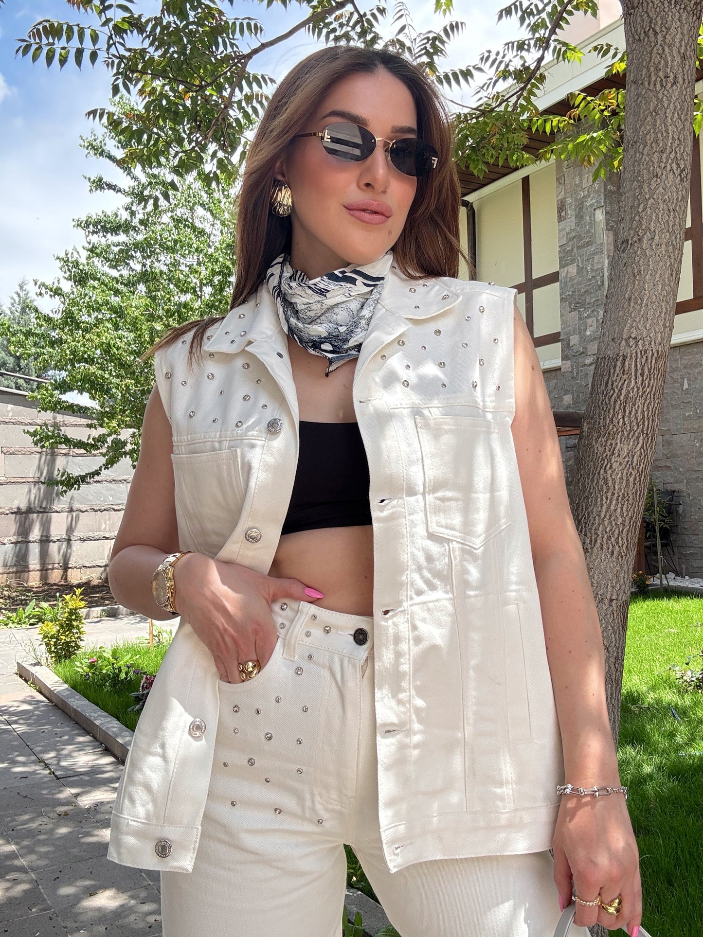 Twst model taş işlemeli jean takım BEYAZ