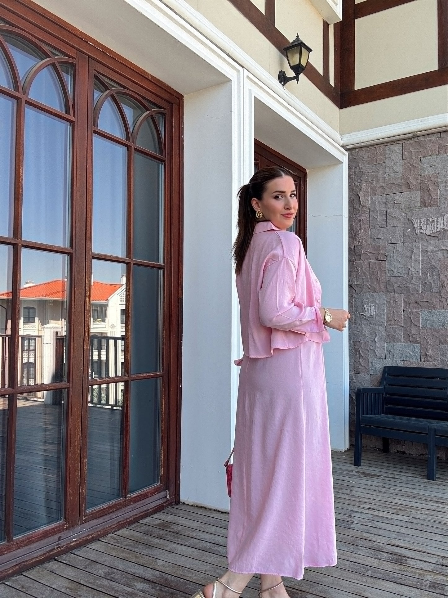 LİZBON gömlek elbiseli ikili takım PEMBE