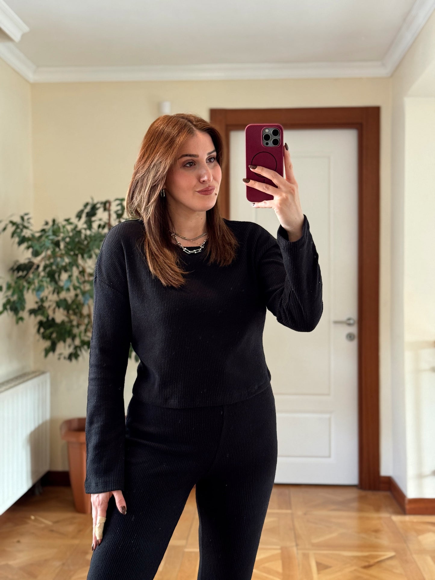 Fitilli bisiklet yaka crop bol paça pantolon takım-SİYAH