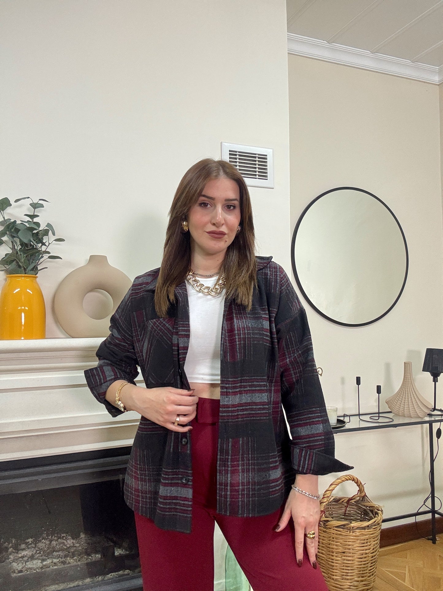 Ekose desen tek cepli gömlek BORDO