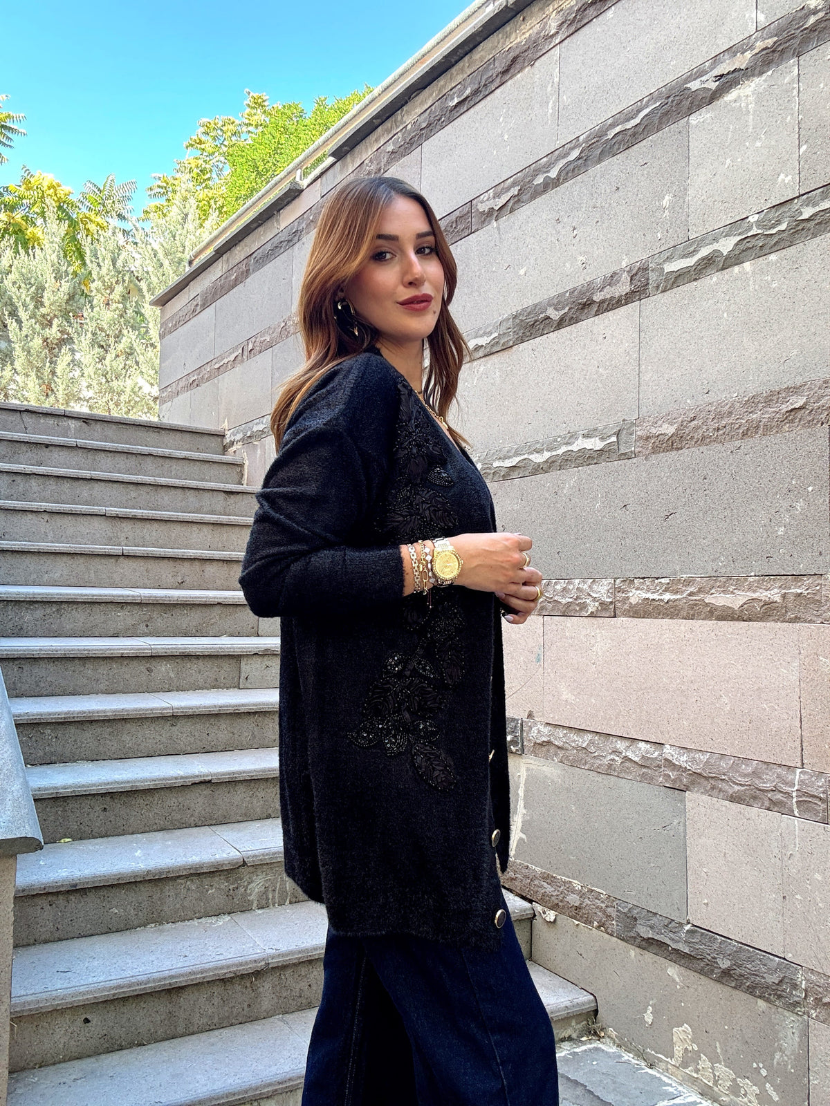 Çiçek desenli sakal kumaş hırka Siyah