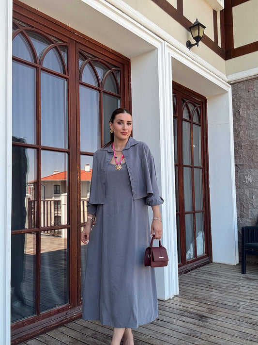 LİZBON gömlek elbiseli ikili takım GRİ