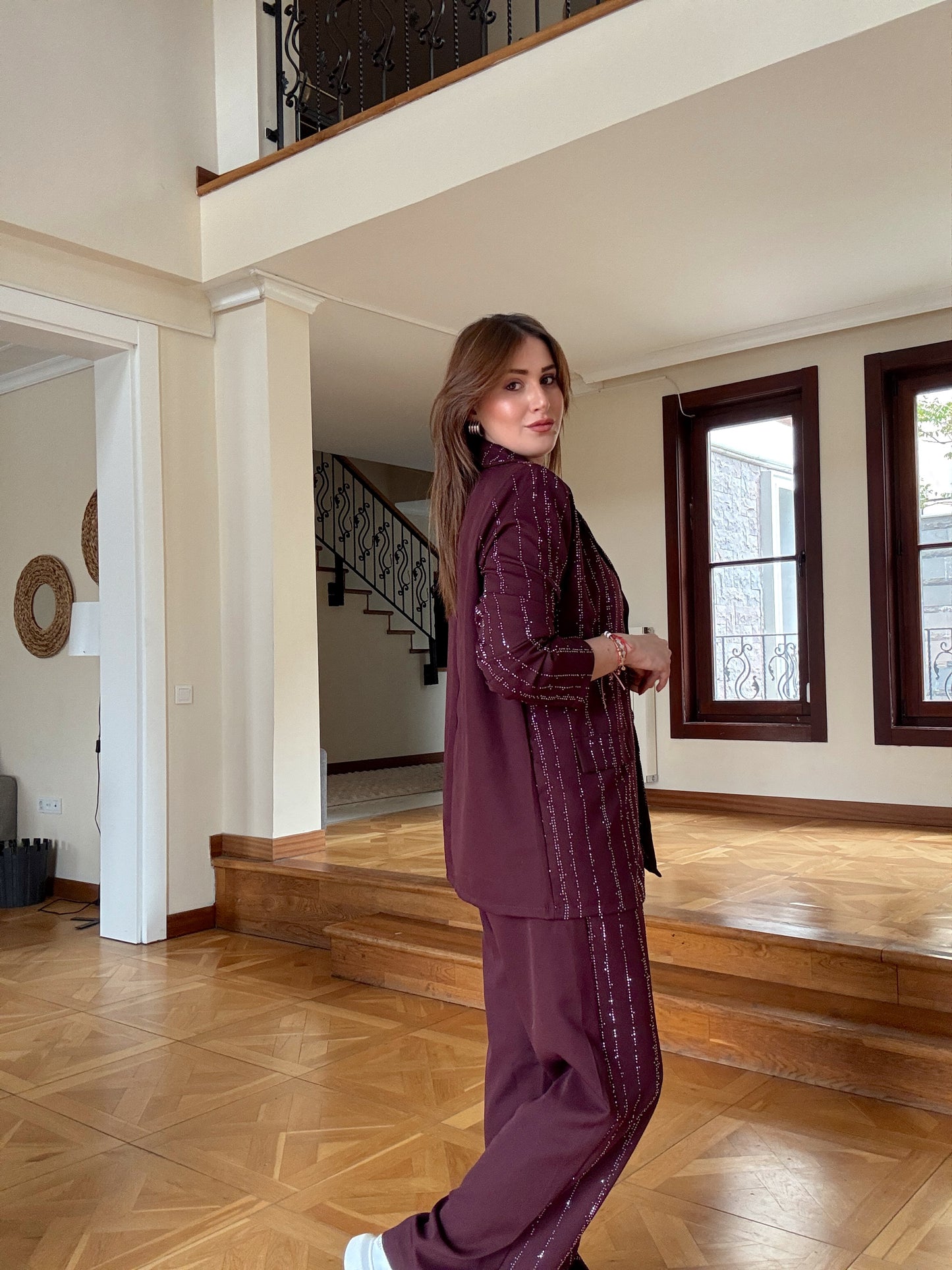 Taş detaylı Ceketli Takım Mürdüm