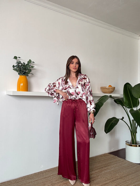 Beli lastikli saten bol paça pantolon BORDO