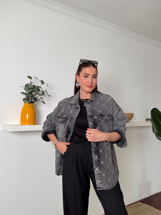 Damla Taşlı Jean Ceket Füme