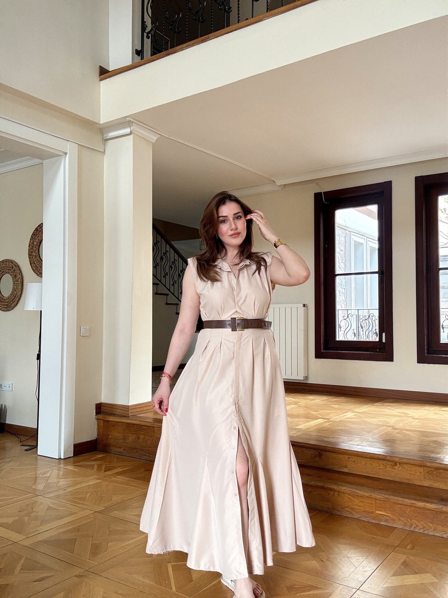 Düğmeli poplin kumaş gömlek elbise - taş