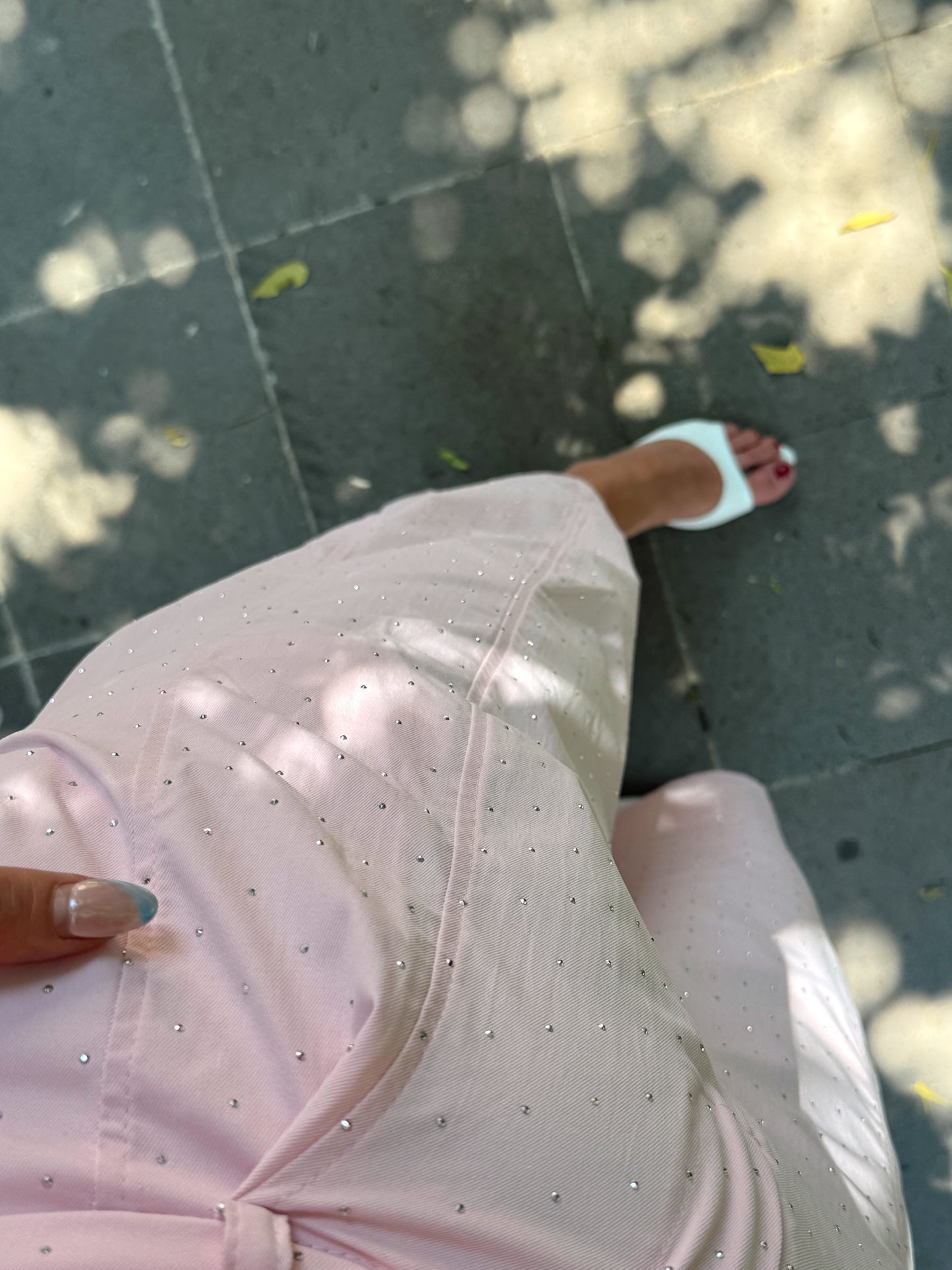 Taşlı arka bel lastikli bilek boy pantolon Pembe