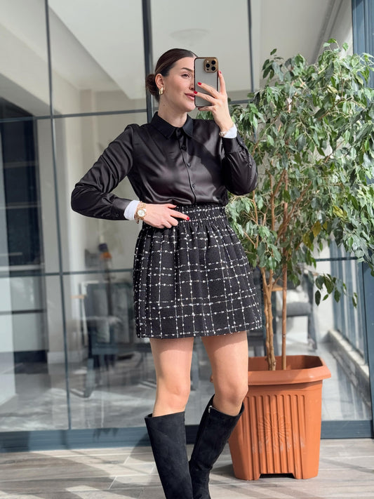 Beli Lastikli Ekose Etek - SİYAH BEYAZ