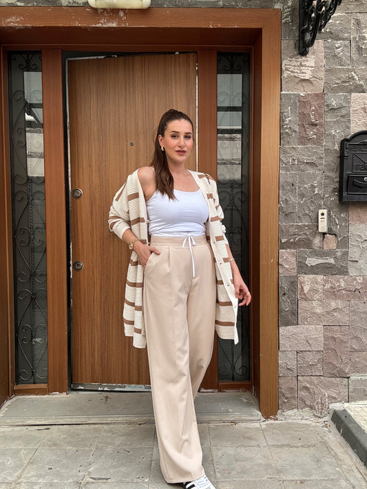 Çift Renk Çizgili Düğmeli Hırka - EKRU