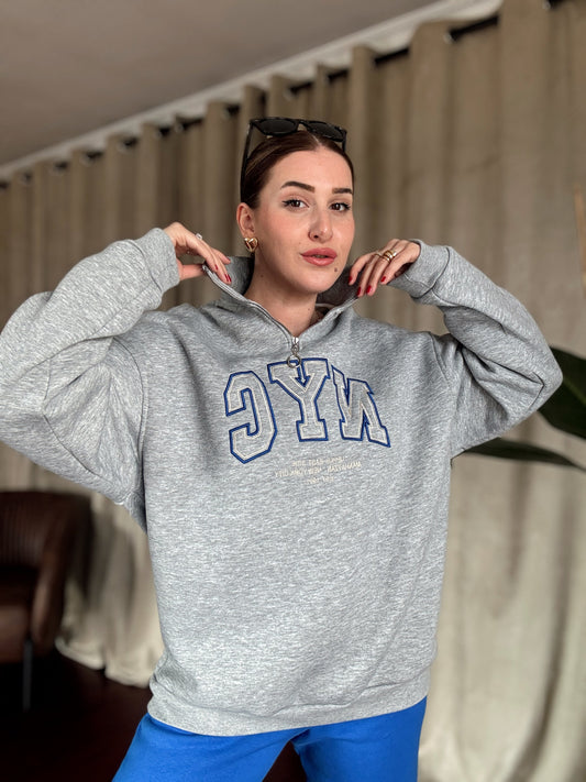 NYC Nakışlı Fermuarlı 3 İplik Şardonlu Sweatshirt- GRİ