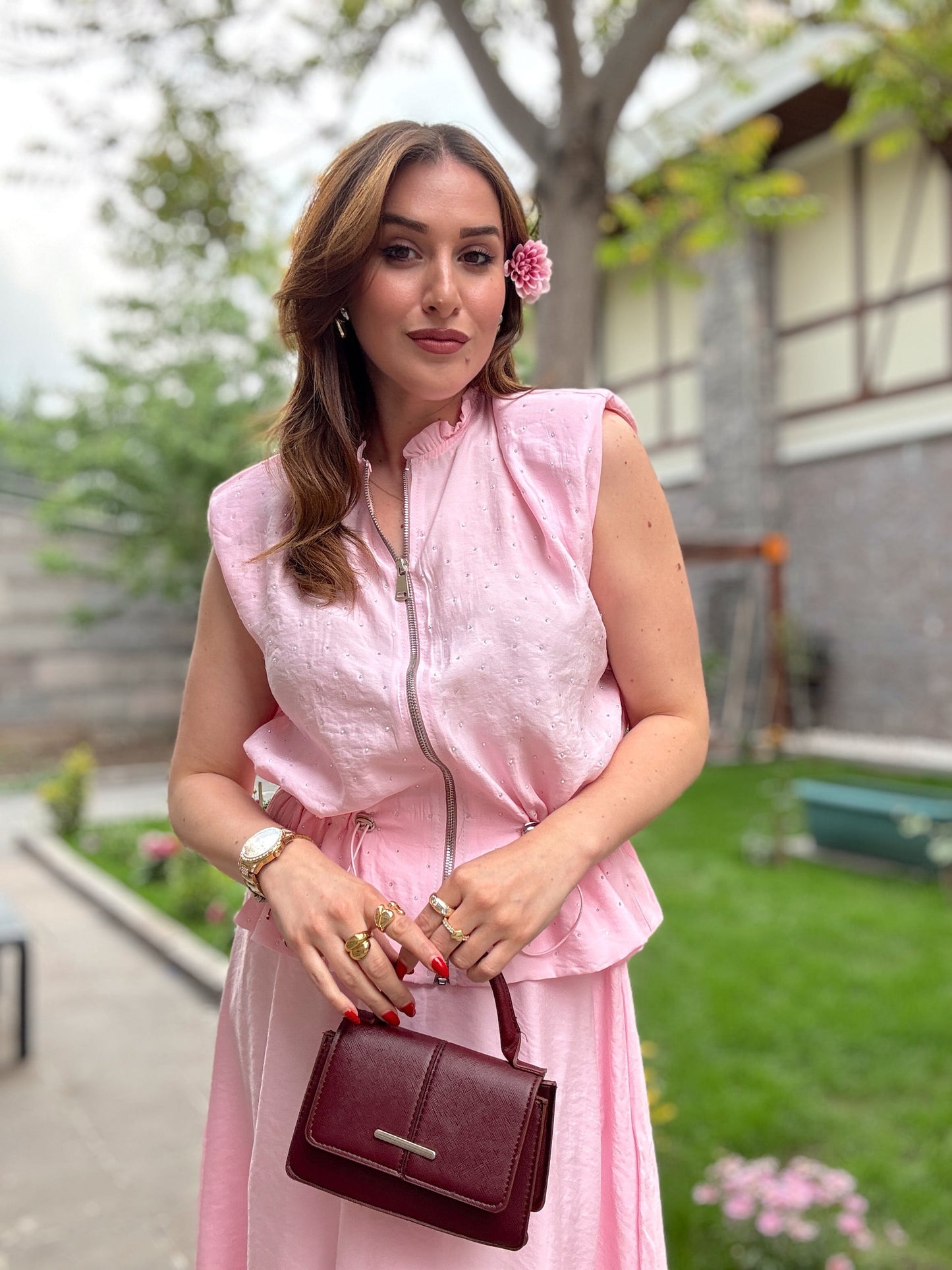 Bağcıklı Taş Detaylı Takım Pembe