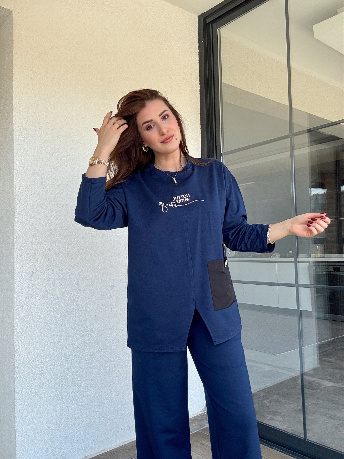 Cep detaylı nakışlı takım-LACİVERT