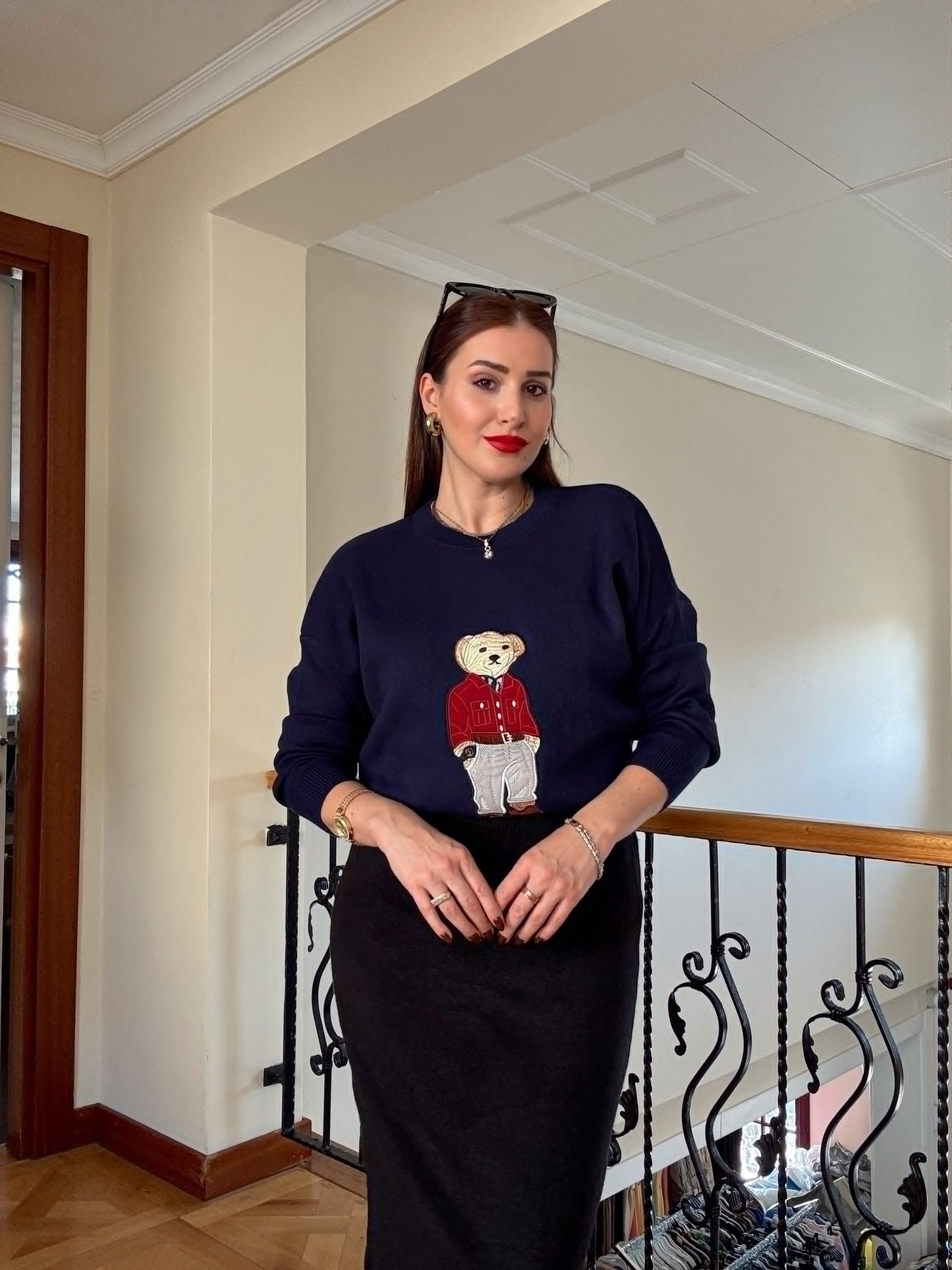Oversize Ayıcık İşlemeli Kazak LACİVERT