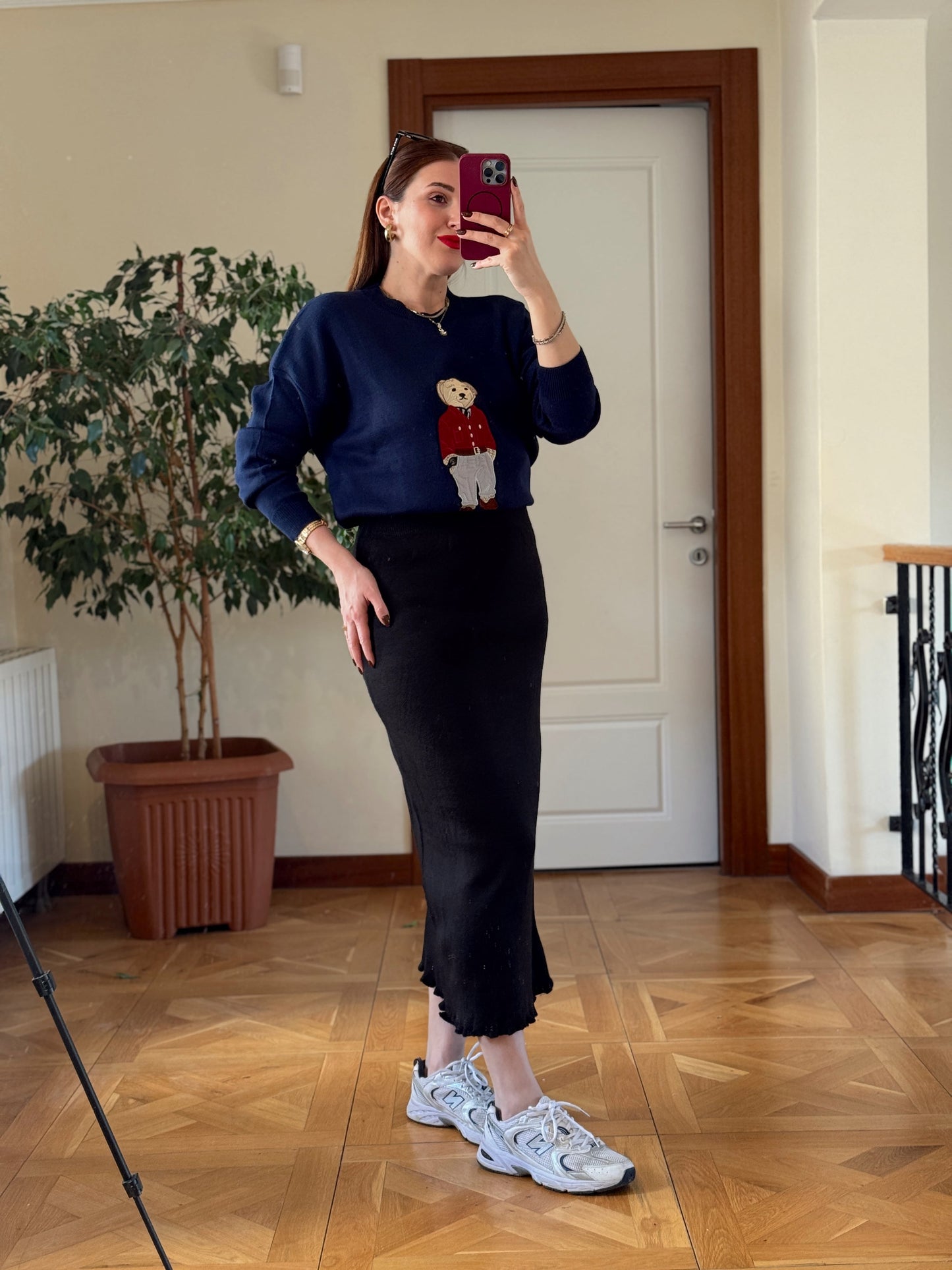 Oversize Ayıcık İşlemeli Kazak LACİVERT