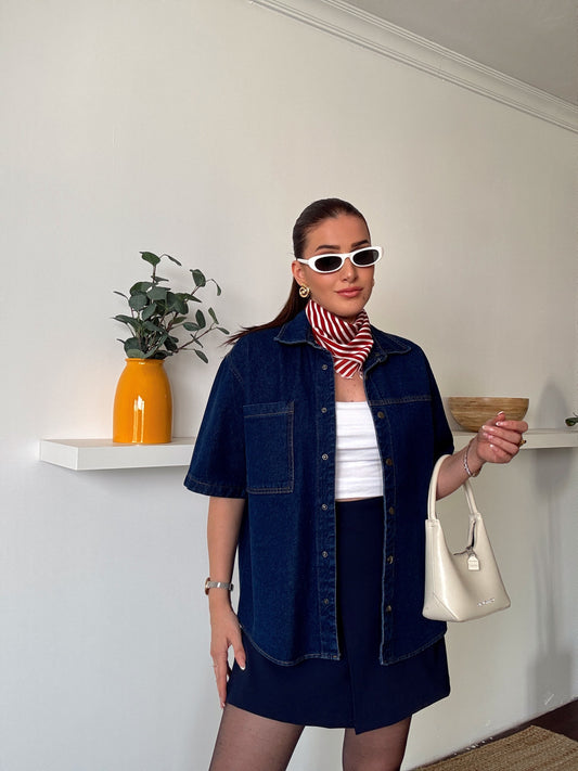 Kısa kollu Jean Gömlek Mavi