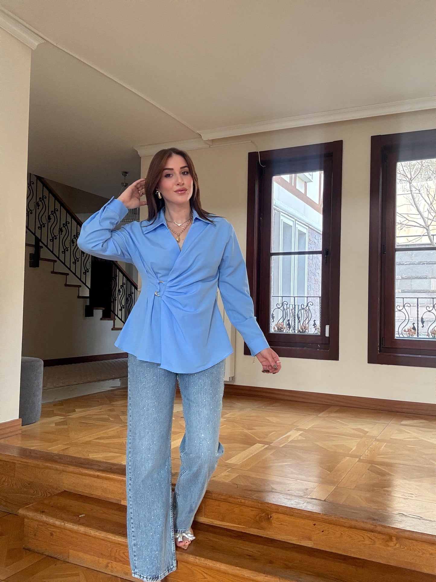 Önü tokalı gömlek-Mavi