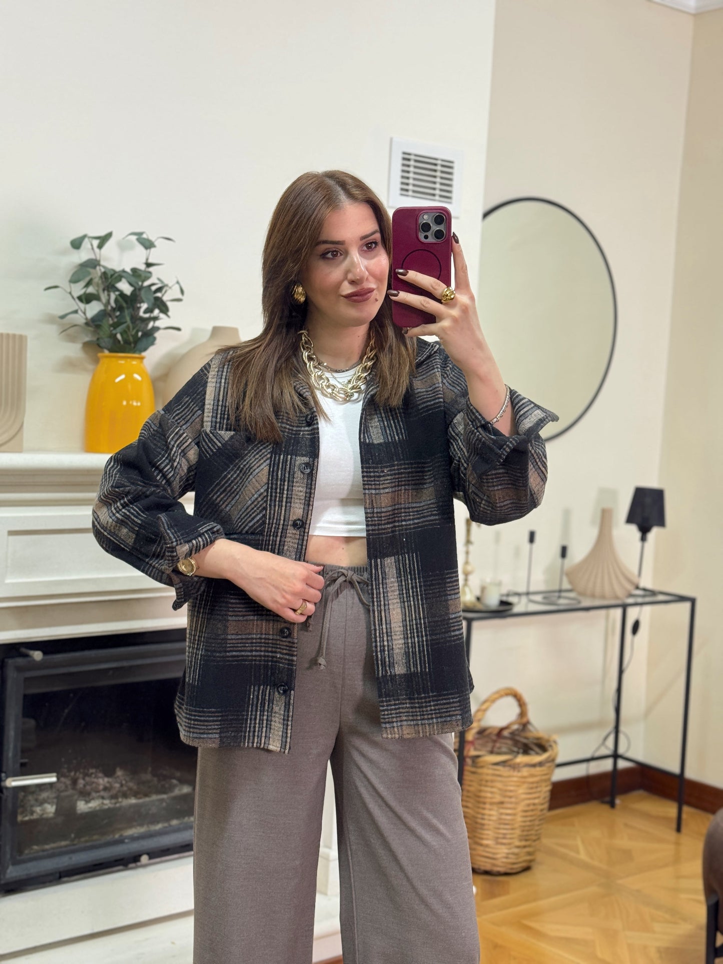 Ekose desen tek cepli gömlek VİZON