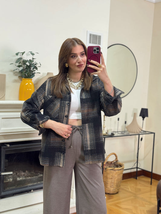 Ekose desen tek cepli gömlek VİZON