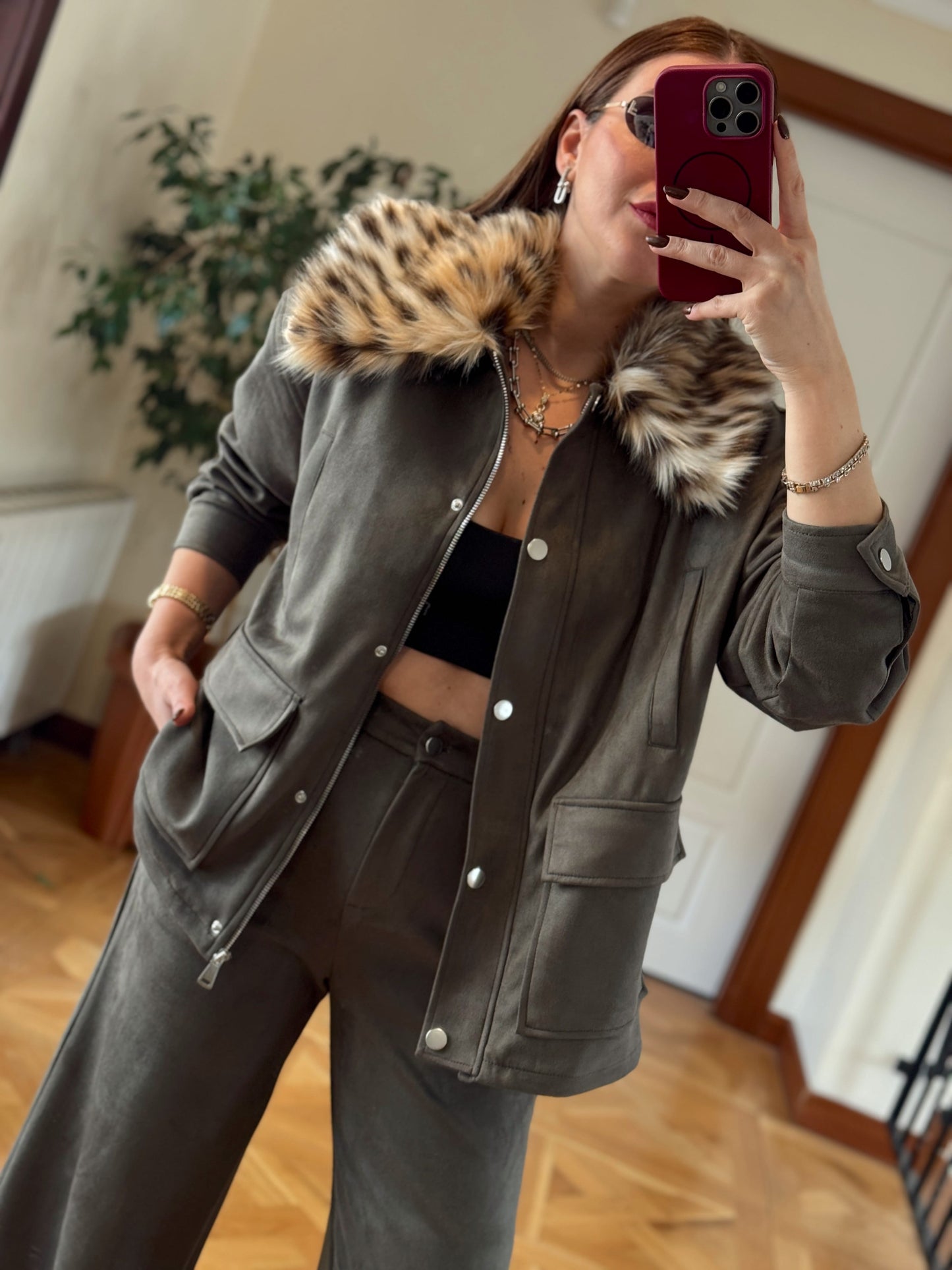 LEOPAR yaka süet ikili takım HAKİ