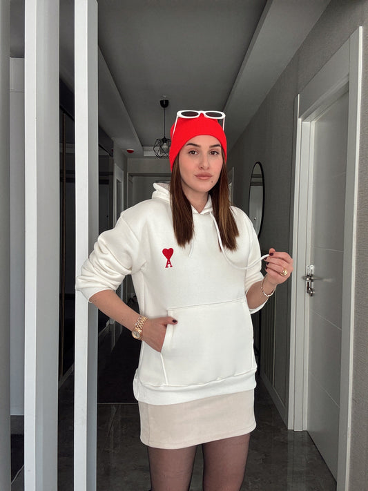 A Nakış Kapüşonlu Şardonlu 3 İplik Sweatshirt - EKRU