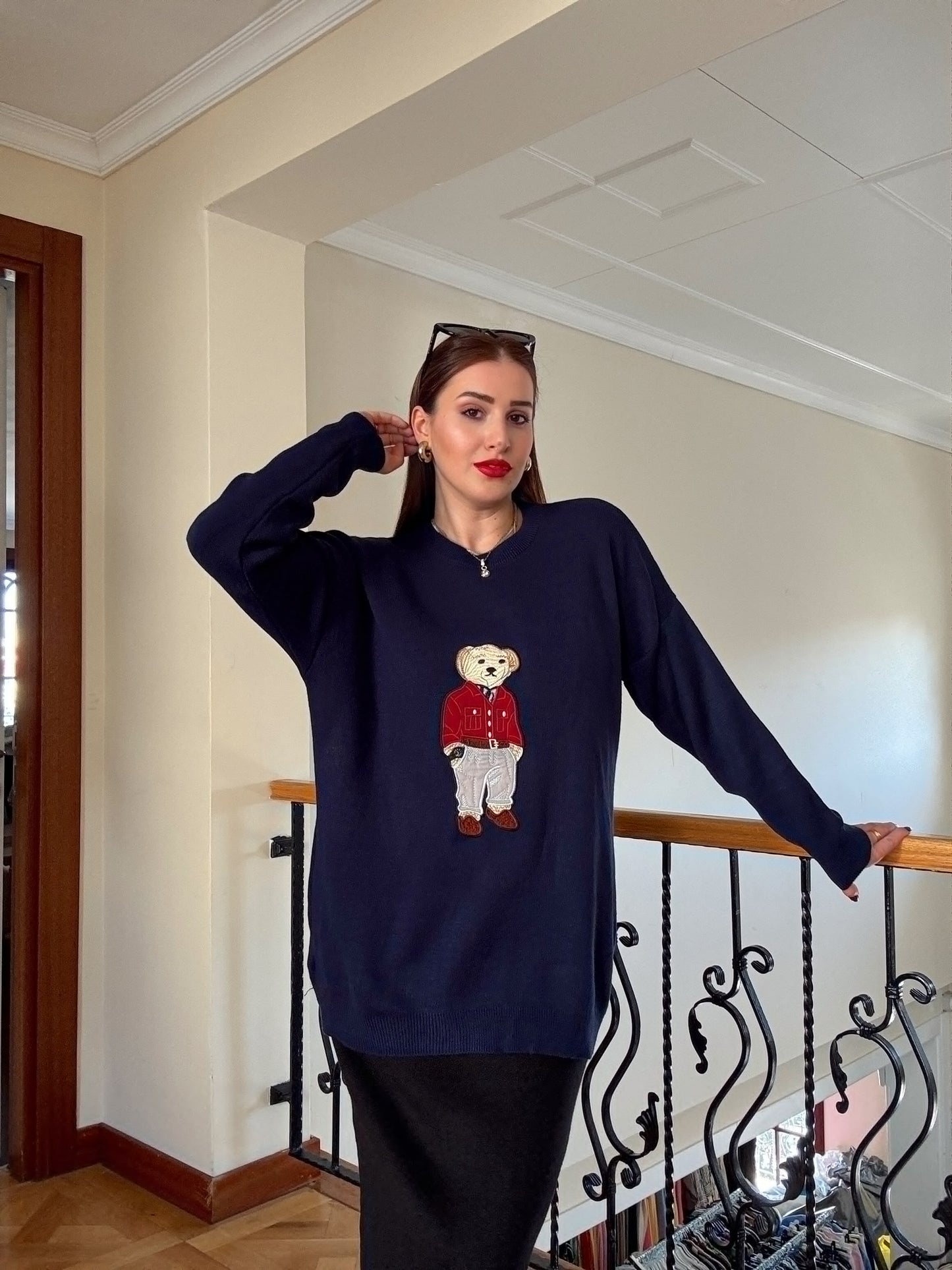 Oversize Ayıcık İşlemeli Kazak LACİVERT