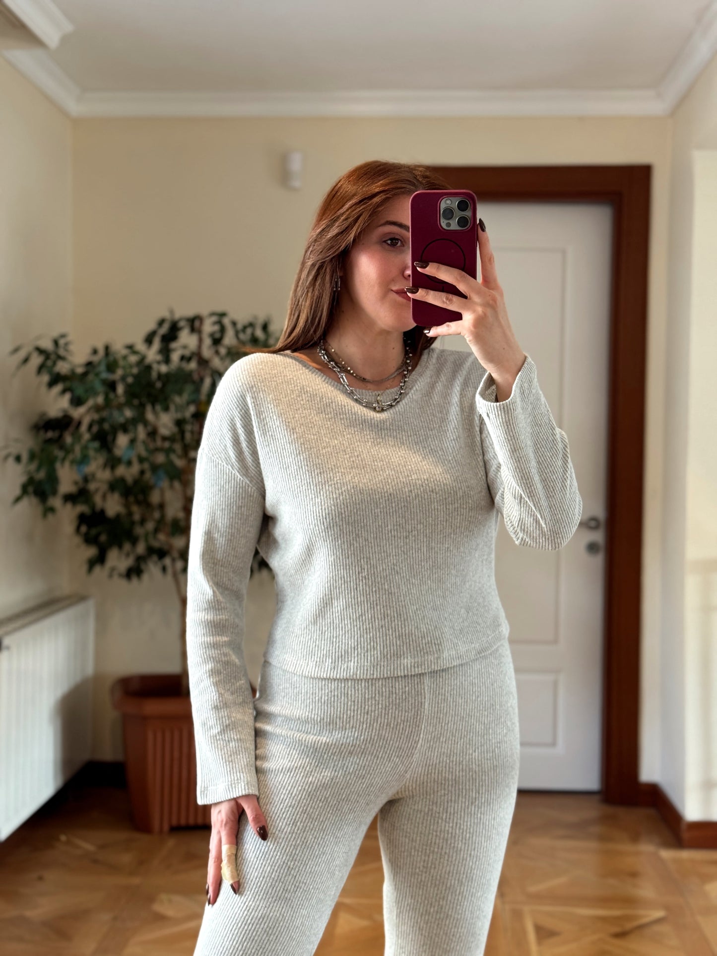 Fitilli bisiklet yaka crop bol paça pantolon takım-GRİ