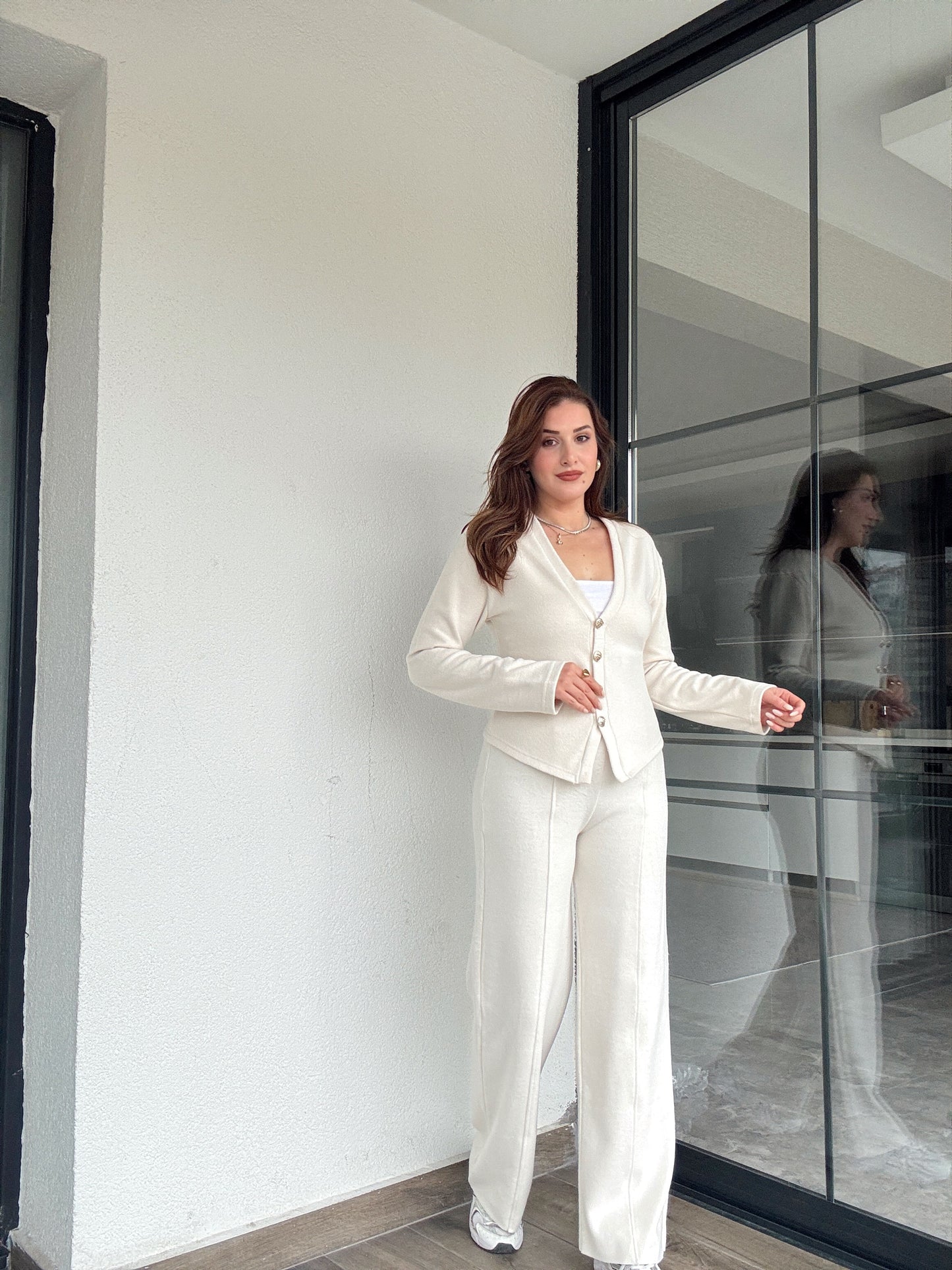 Selanik önü düğmeli ceket çimalı pantolon takım-BEJ