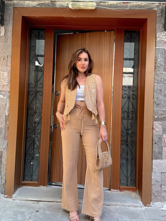 Bohem işlemeli yelek pantolon takım CAMEL