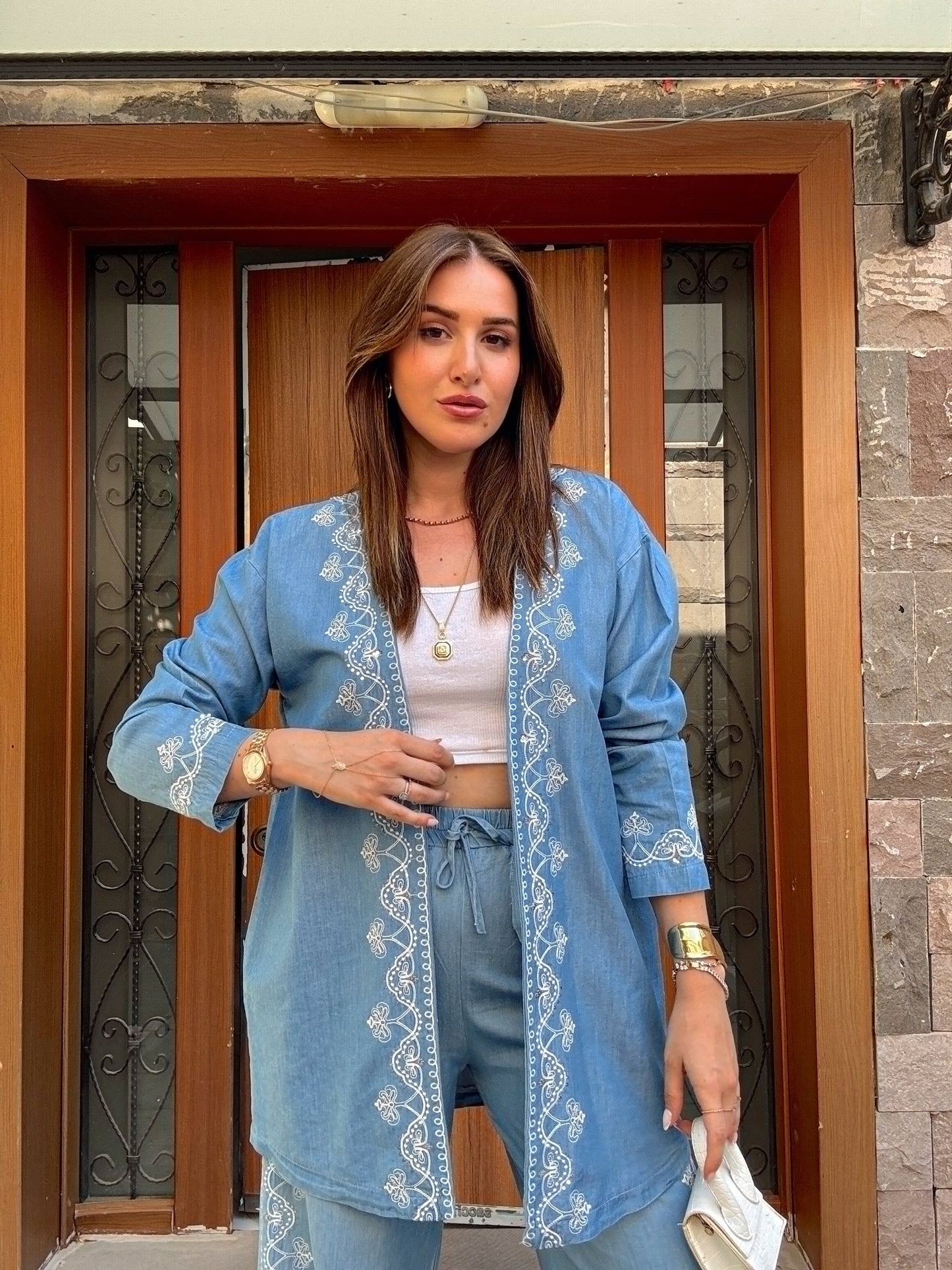 Nakış İşlemeli kot kimono takım MAVİ
