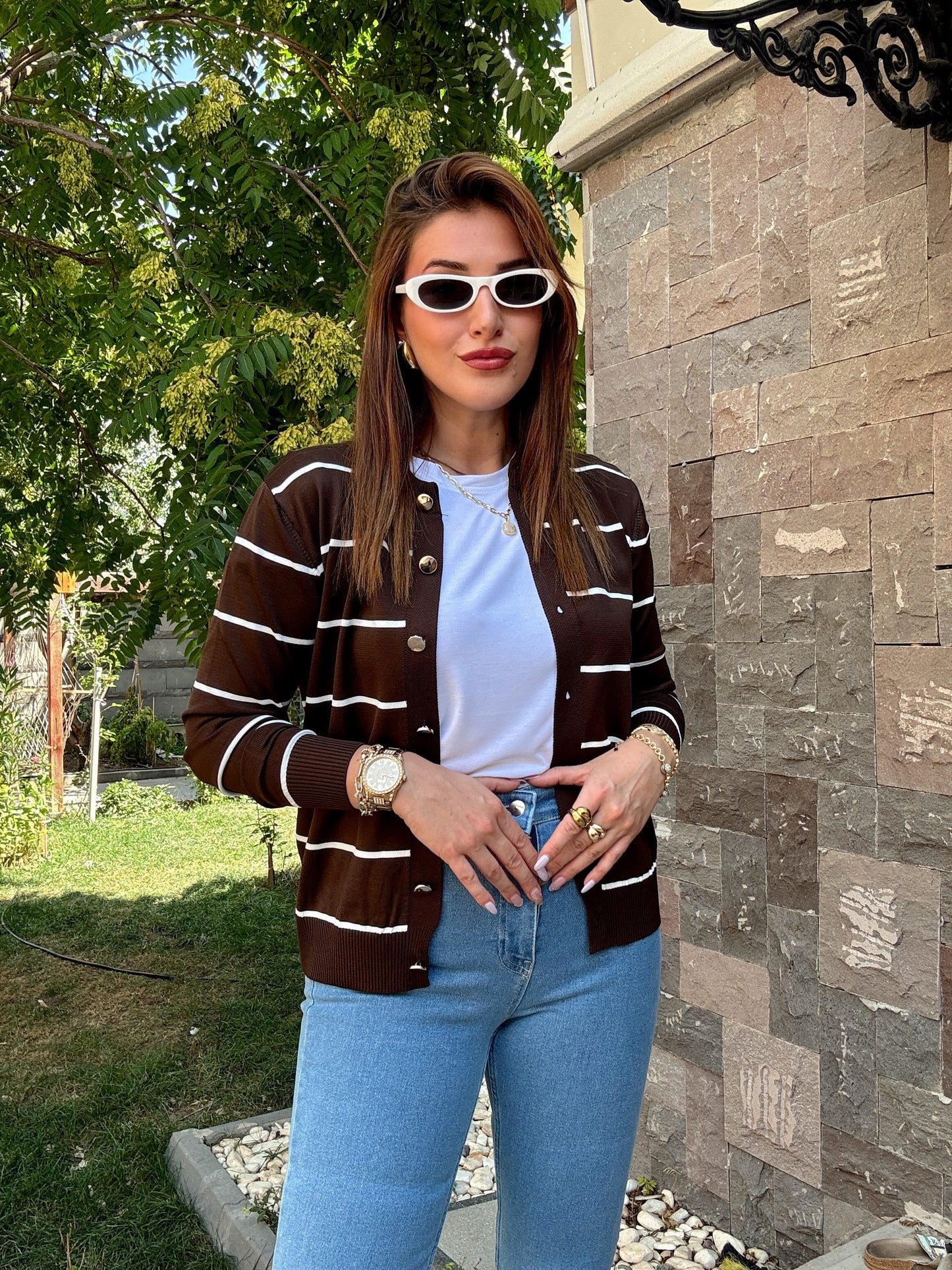 Çizgili Düğmeli Hırka Kahve