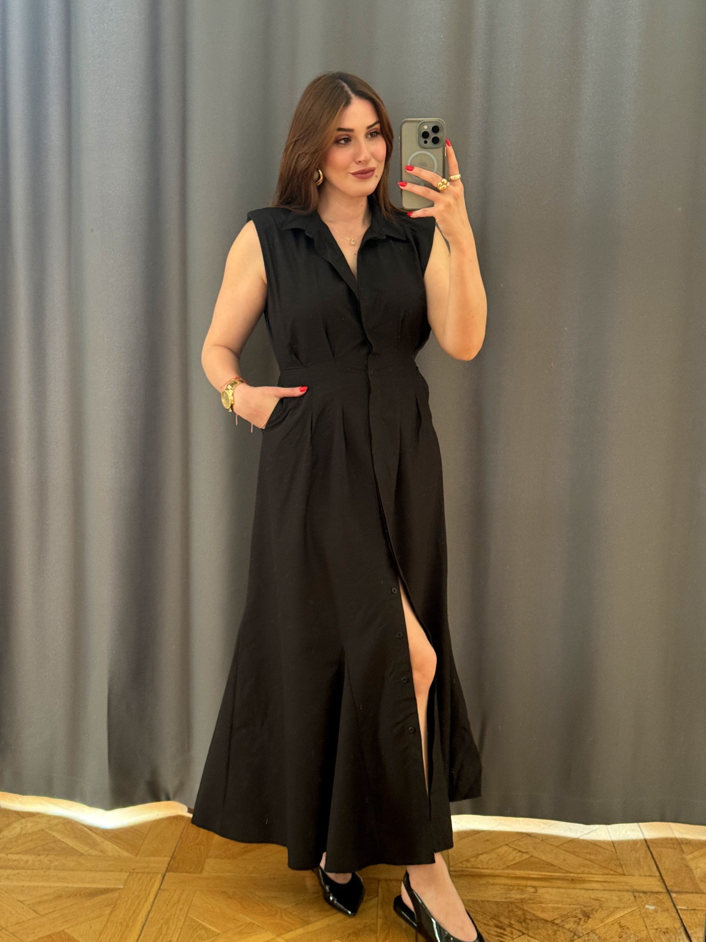 Düğmeli poplin kumaş gömlek elbise - siyah