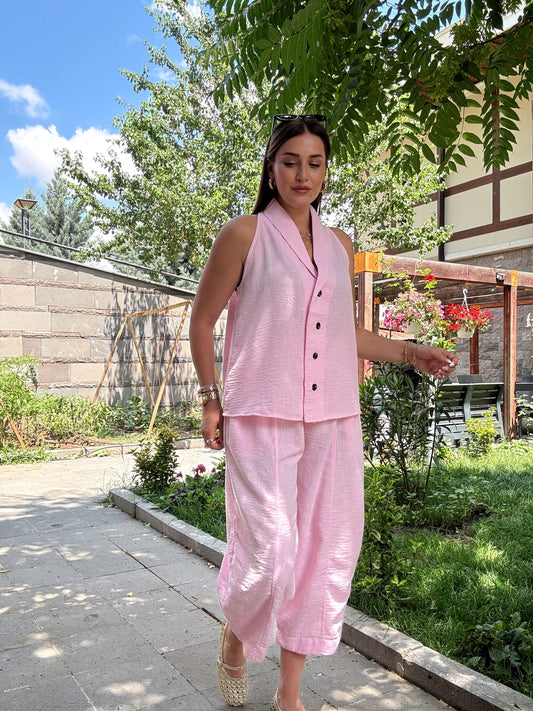 Keten düğmeli sıfır kol takım PEMBE
