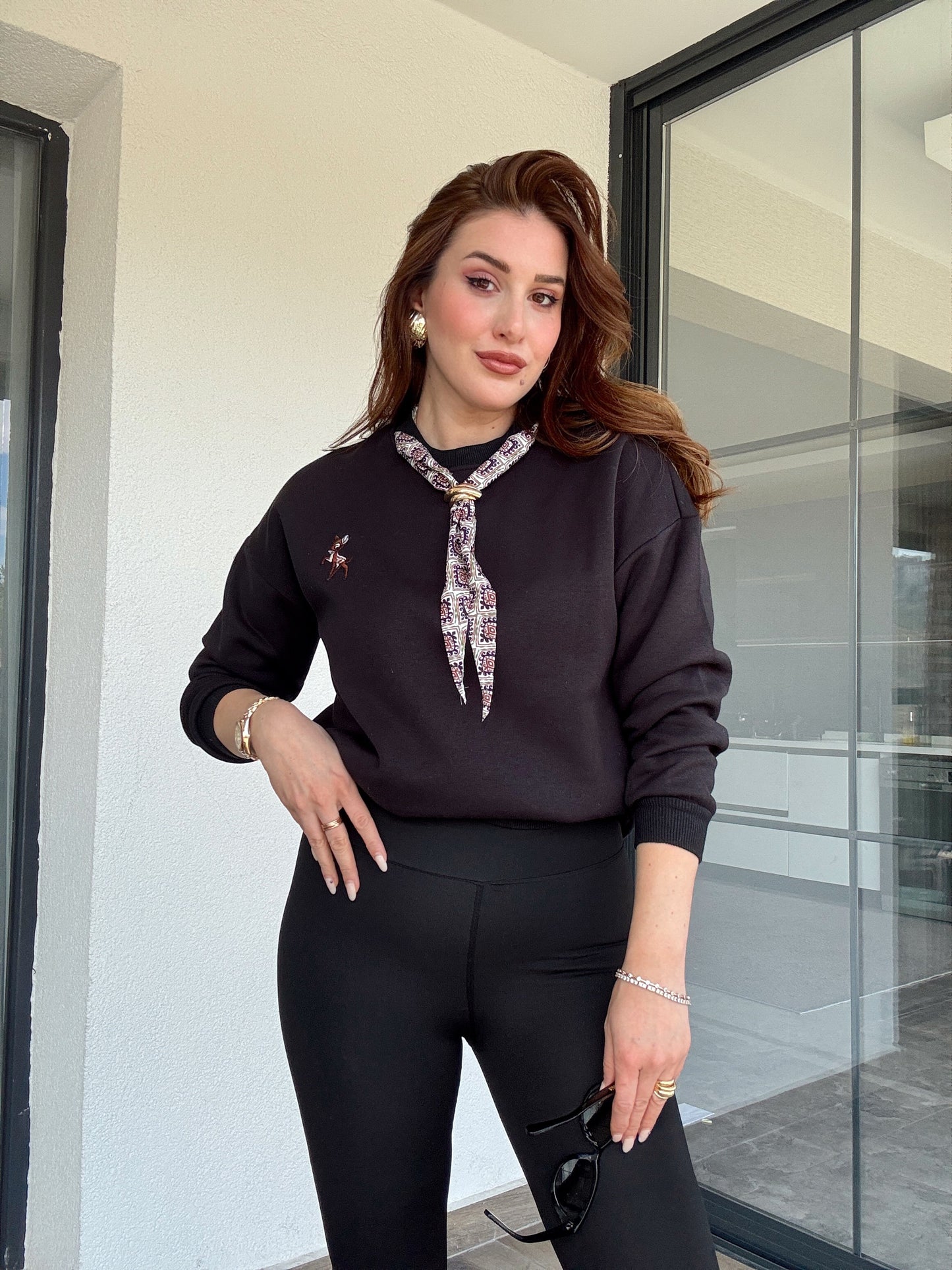 Üç iplik şal yaka sweat-SİYAH