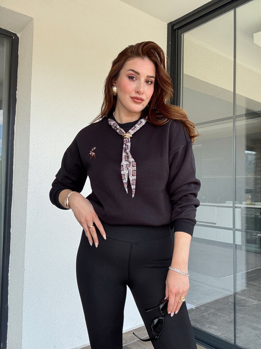 Üç iplik şal yaka sweat-SİYAH