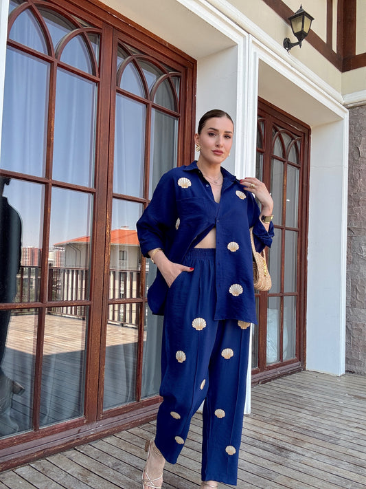 Deniz kabuğu nakış işlemeli keten takım LACİVERT