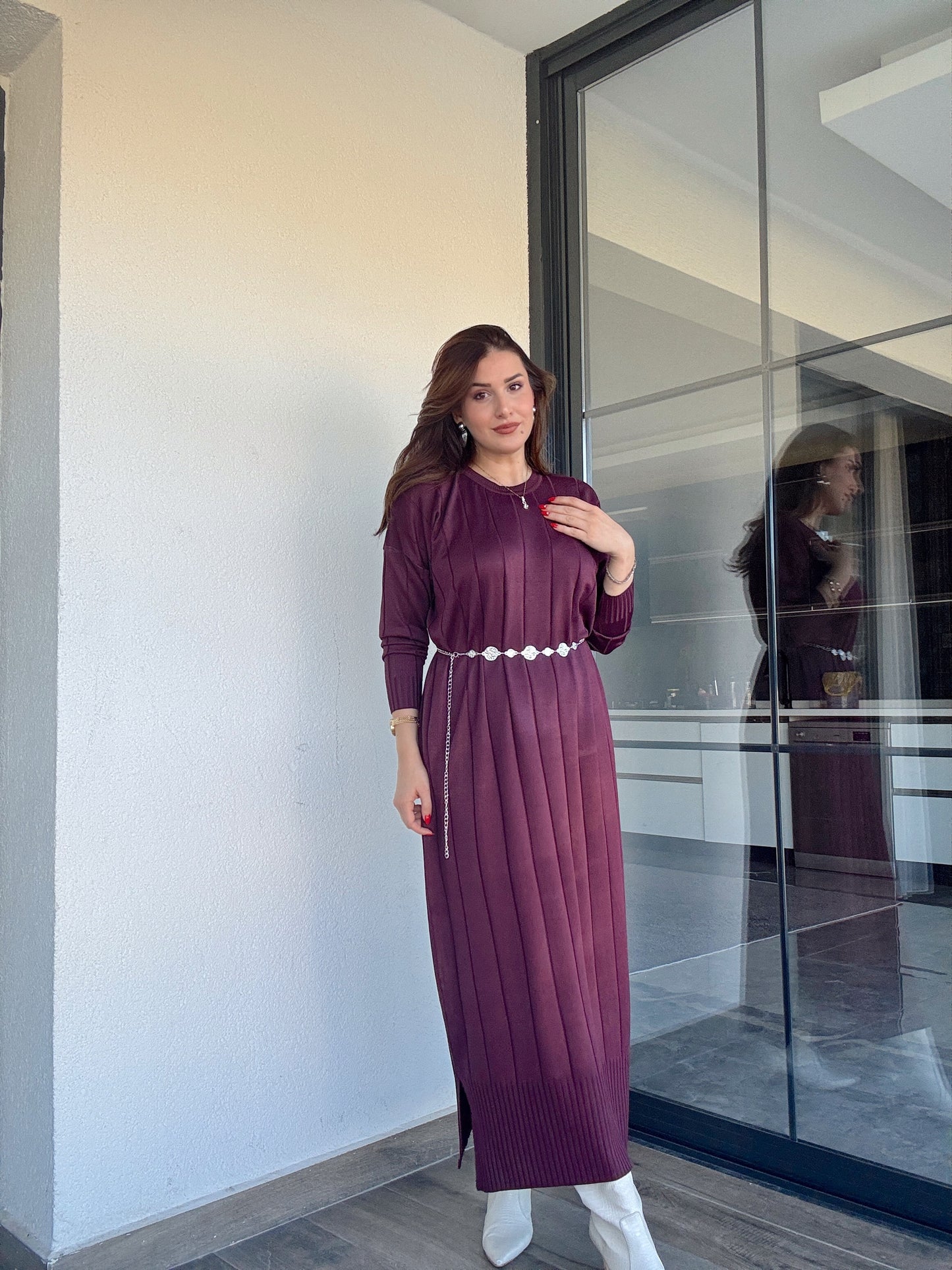 Şerit detaylı uzun triko elbise MÜRDÜM