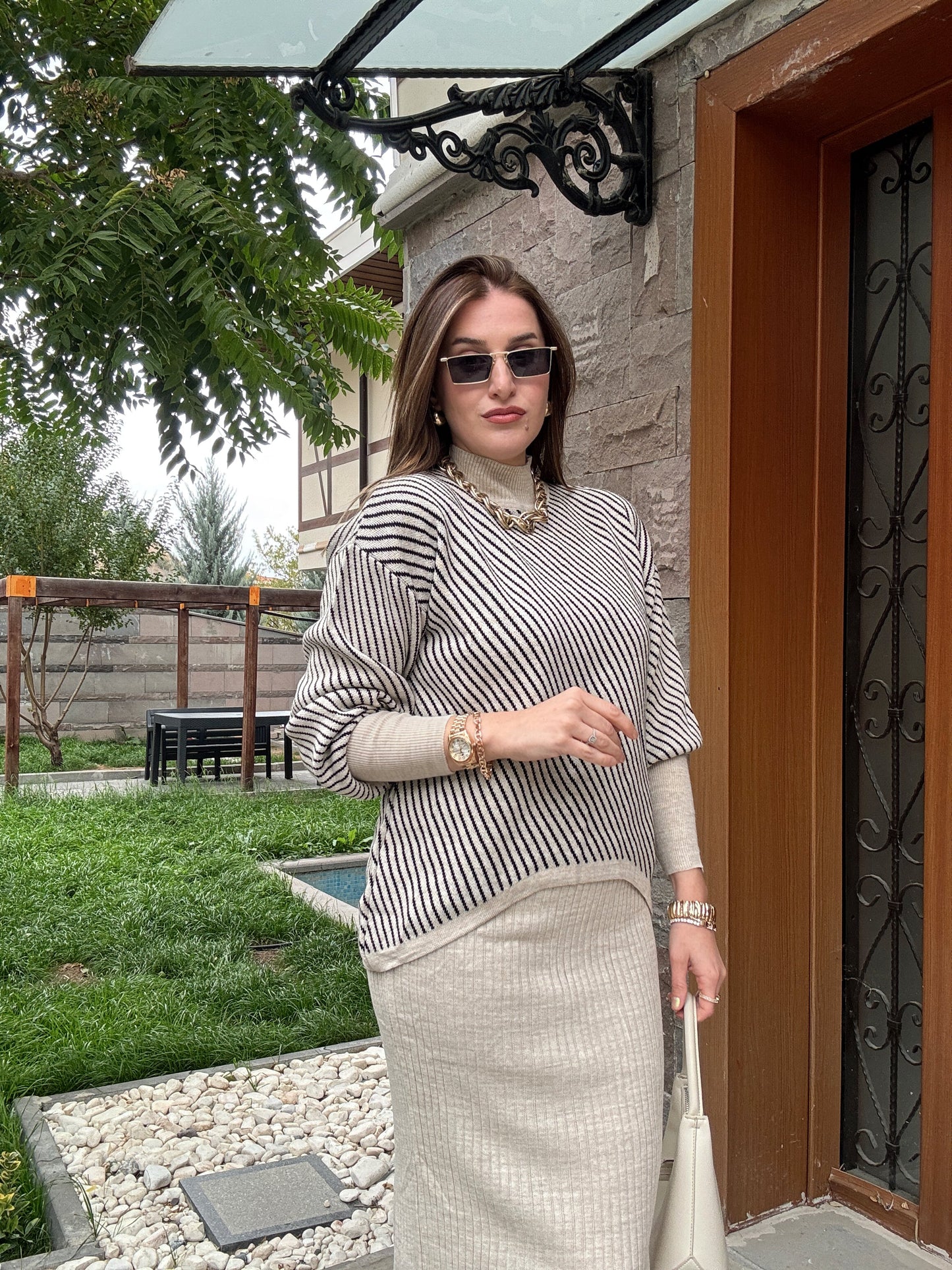 Yatay Çizgili Pikeli Jileli Takım - LATTE