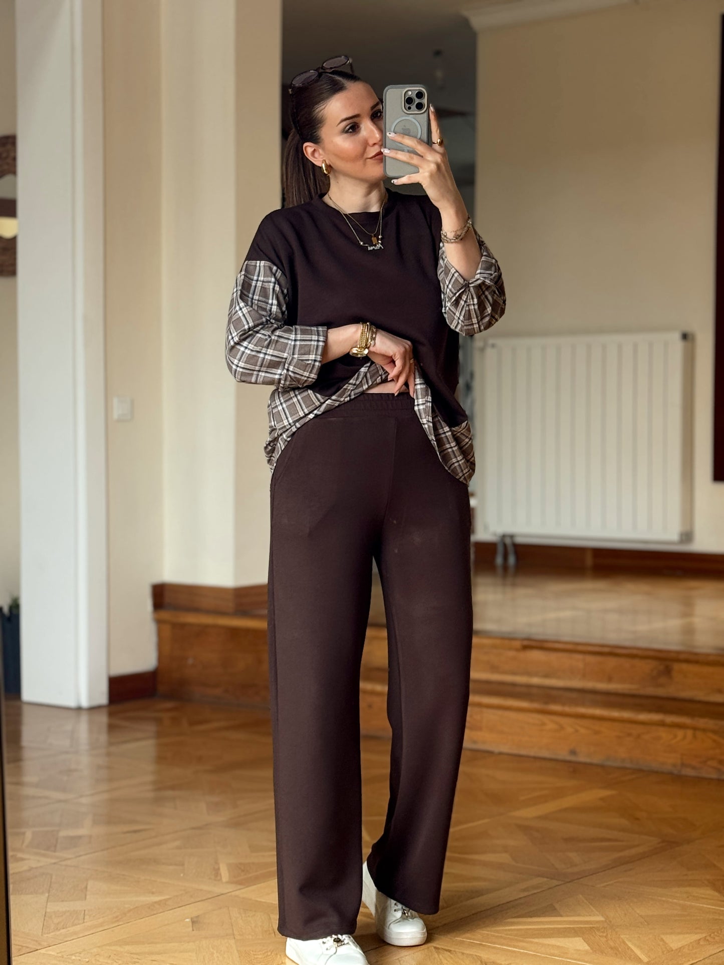 Ekose Desen Garnili Takım-KAHVERENGİ