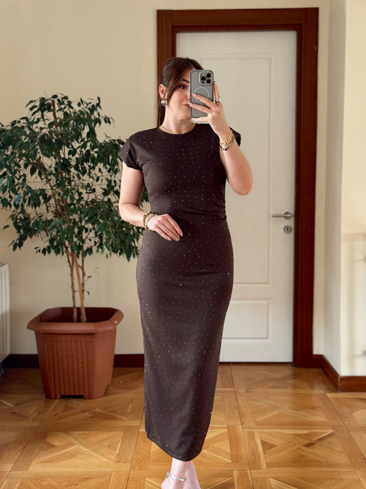 Vatkalı Taşlı Kısa Kol Elbise-KAHVERENGİ