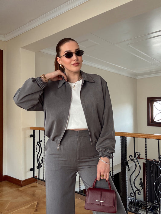 TİNA Bel büzgülü cepli premium ceket GRİ