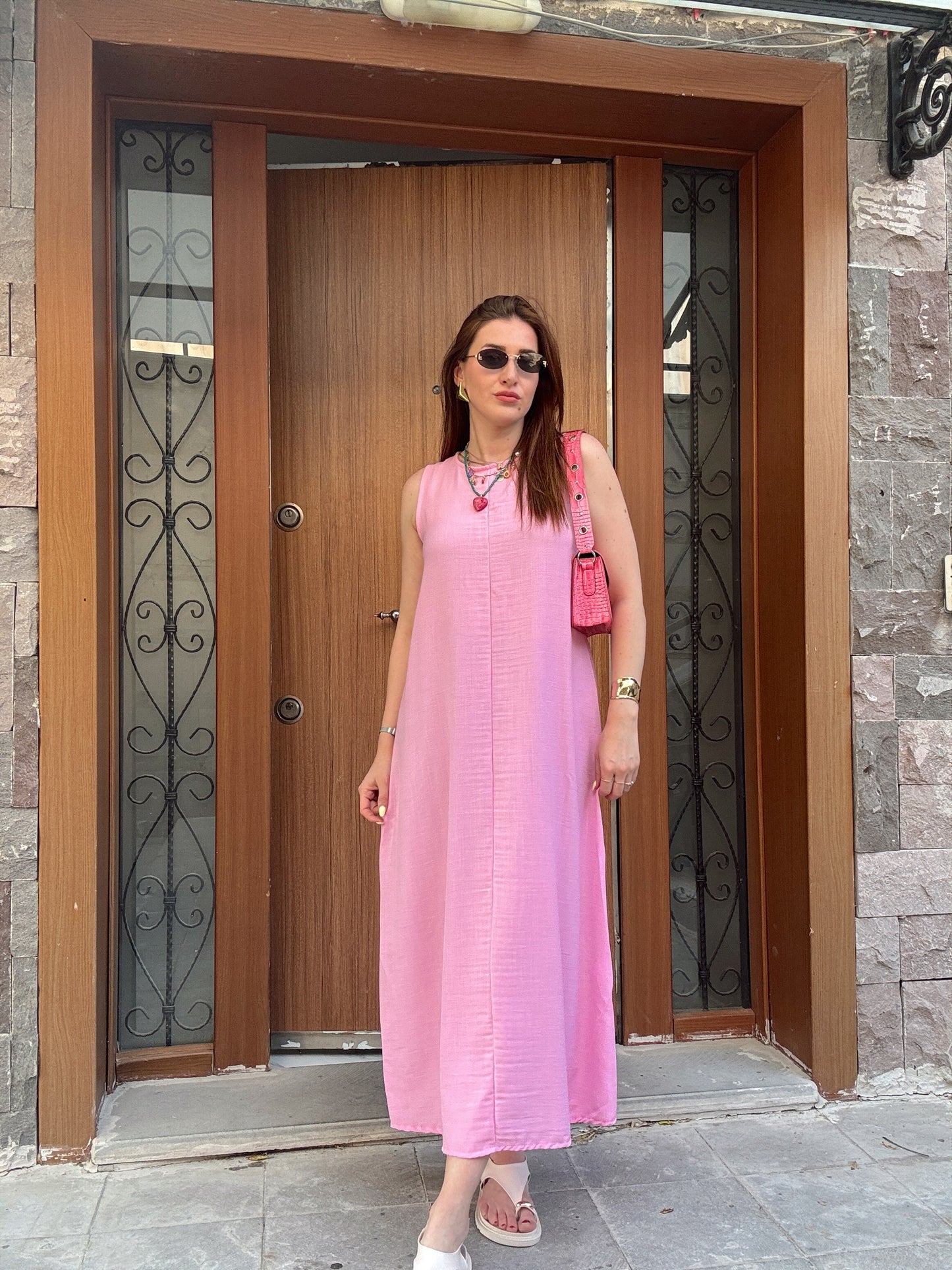 Bisiklet Yaka Düğmeli Keten Elbise Pembe