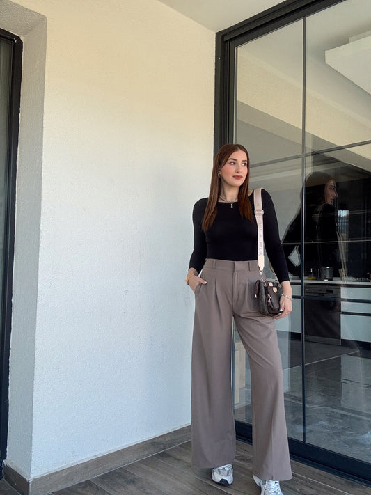 Çıtçıt detaylı palazzo pantolon-VİZON