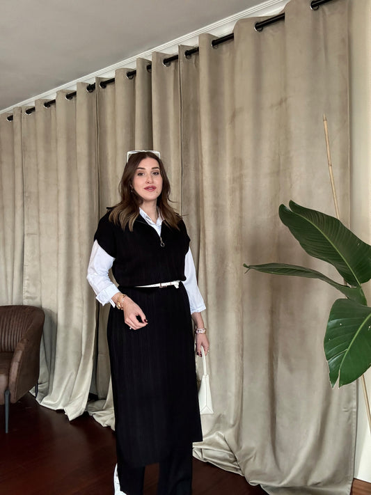 Süveterli  Fitilli Triko Takım - SİYAH