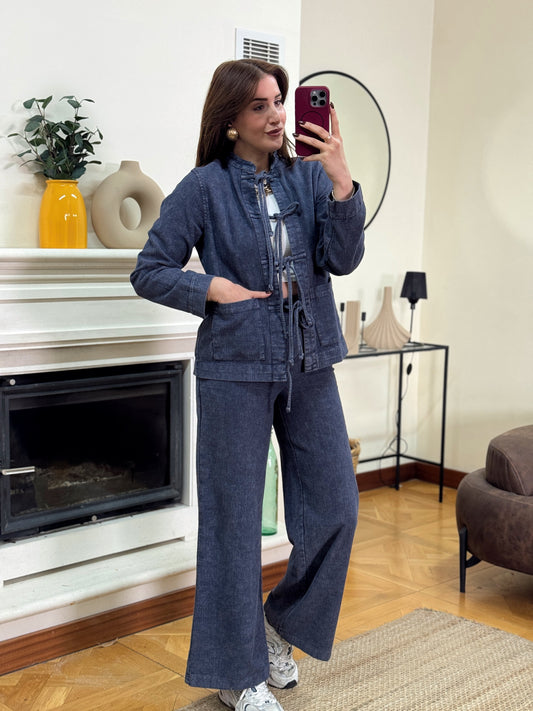 RUFFY bağlamalı yıkamalı gabardin ikili takım ANTRASİT