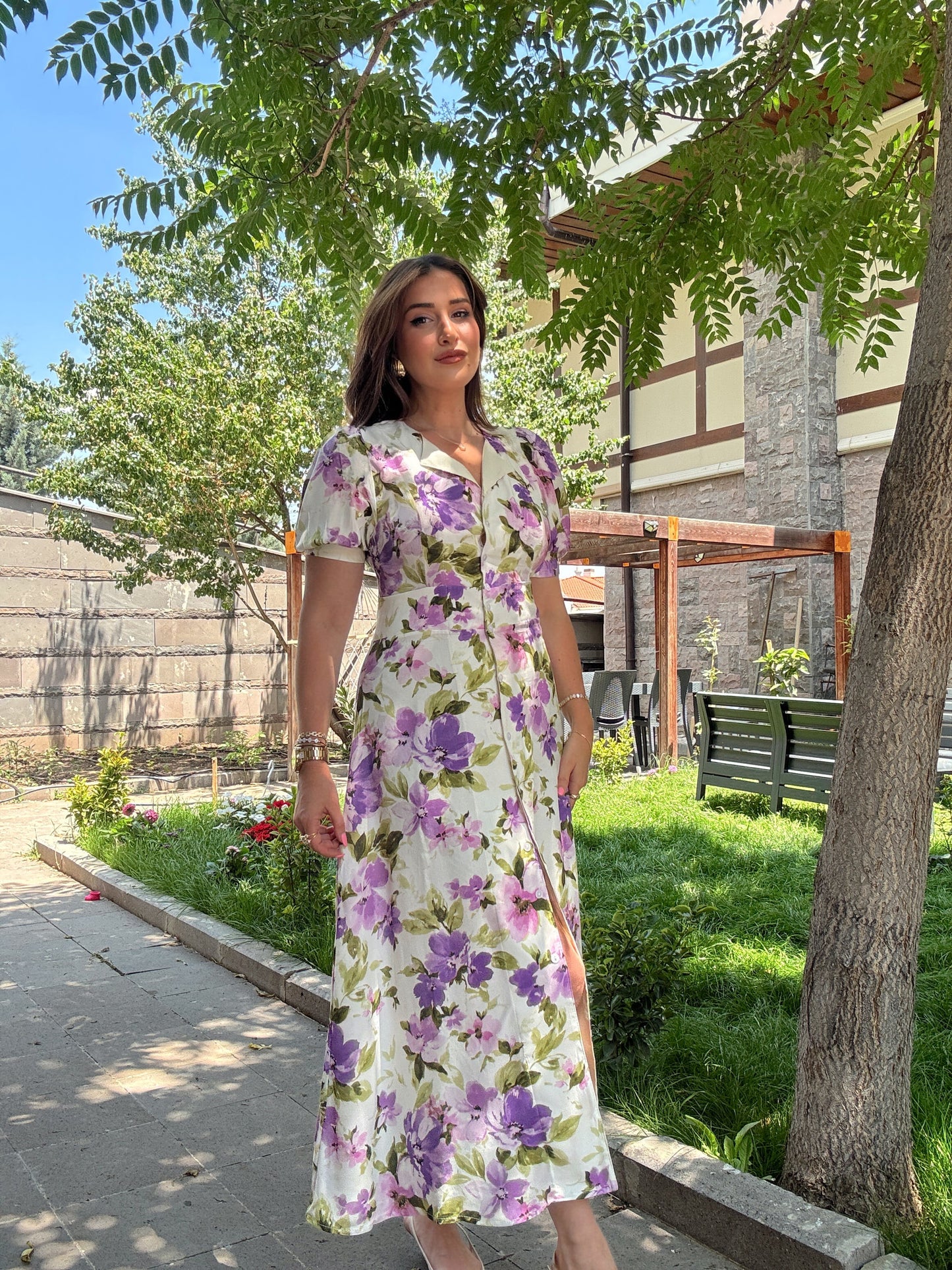 Çiçek desenli elbise Mor
