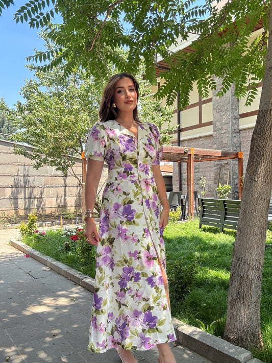 Çiçek desenli elbise Mor