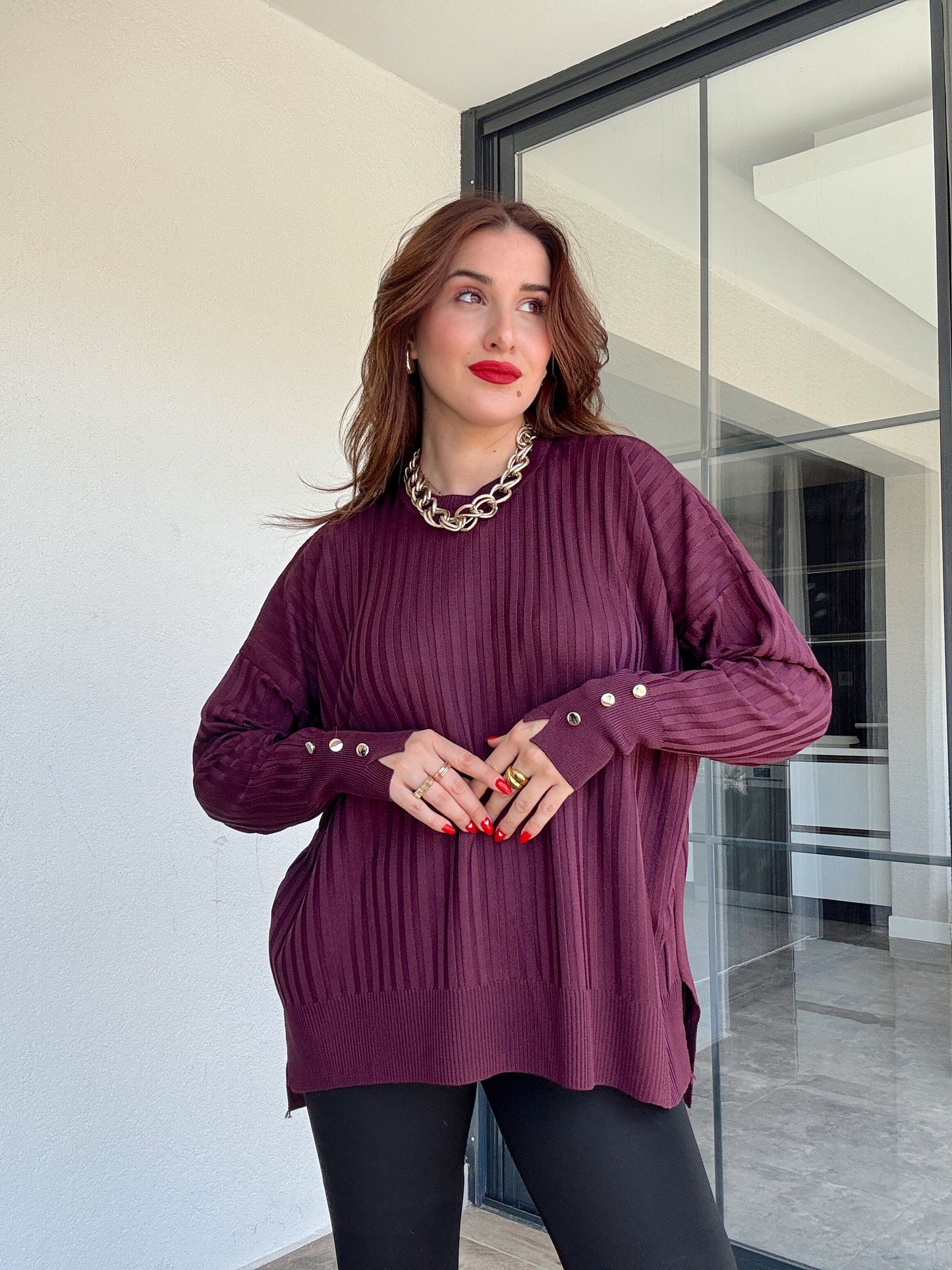 Oversize kesim kol düğmeli kazak MÜRDÜM