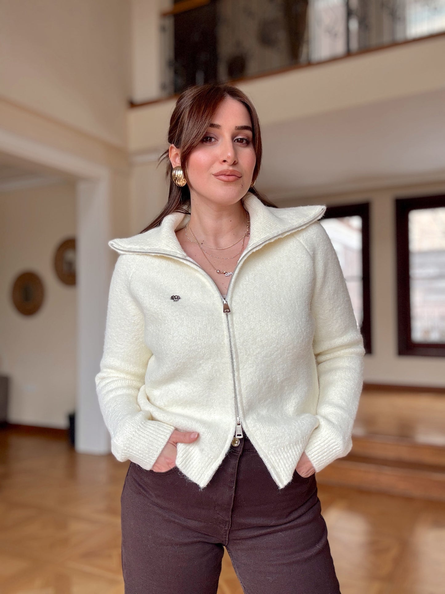 LENA çift fermuarlı triko hırka-EKRU